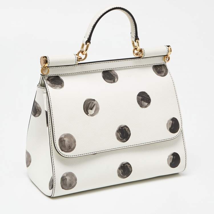 Pre Owned Dolce & Gabbana White/Black Polka Dot Leather Medium Miss Sicily Top Handle Bag