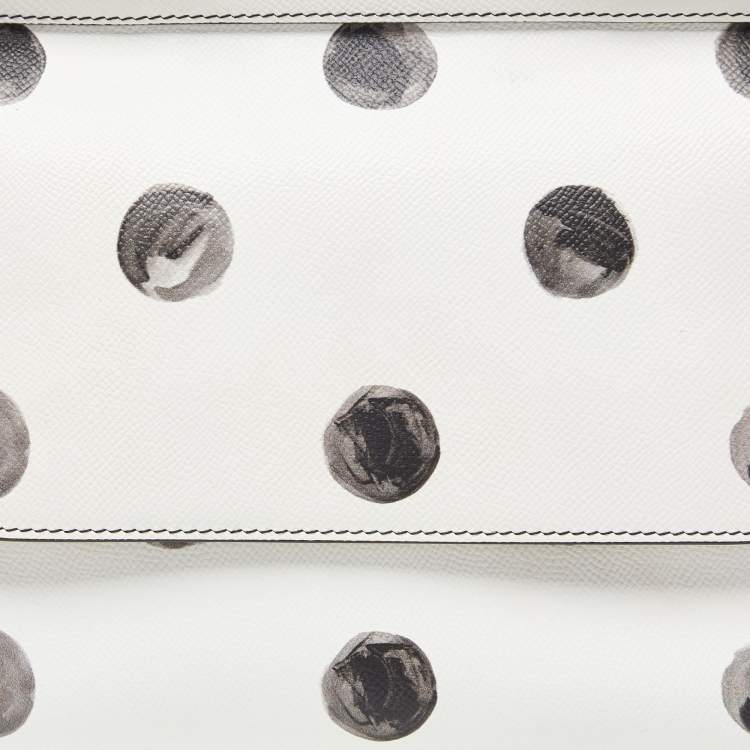Pre Owned Dolce & Gabbana White/Black Polka Dot Leather Medium Miss Sicily Top Handle Bag