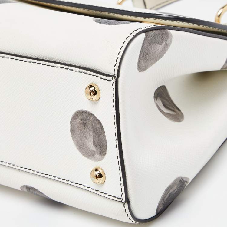 Pre Owned Dolce & Gabbana White/Black Polka Dot Leather Medium Miss Sicily Top Handle Bag