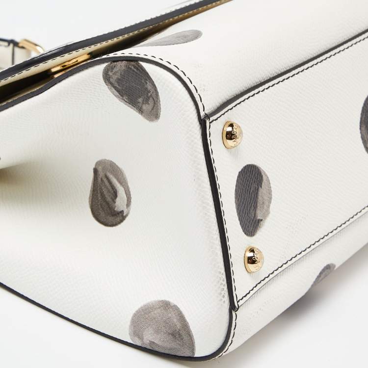 Pre Owned Dolce & Gabbana White/Black Polka Dot Leather Medium Miss Sicily Top Handle Bag