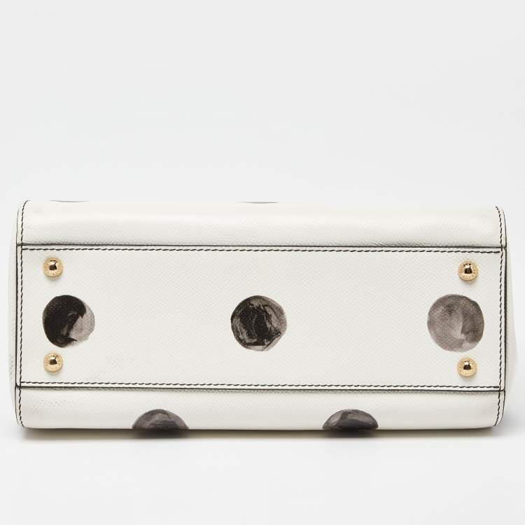 Pre Owned Dolce & Gabbana White/Black Polka Dot Leather Medium Miss Sicily Top Handle Bag