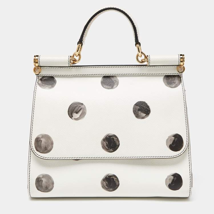 Pre Owned Dolce & Gabbana White/Black Polka Dot Leather Medium Miss Sicily Top Handle Bag