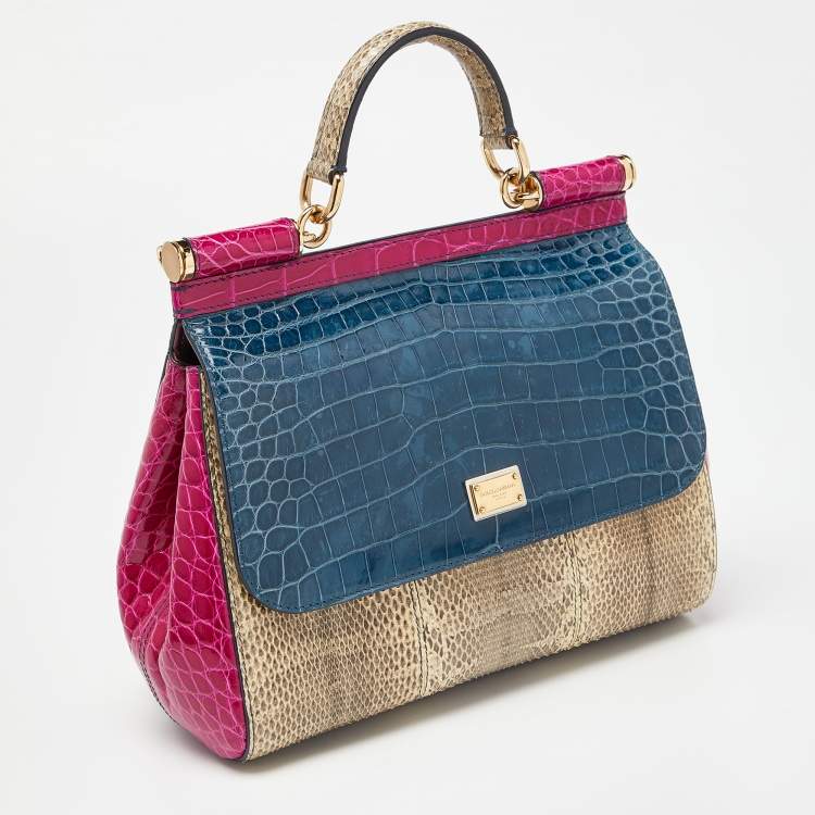 Pre Owned Dolce & Gabbana Multicolor Crocodile,Watersnake Leather and Leather Medium Miss Sicily Top Handle Bag