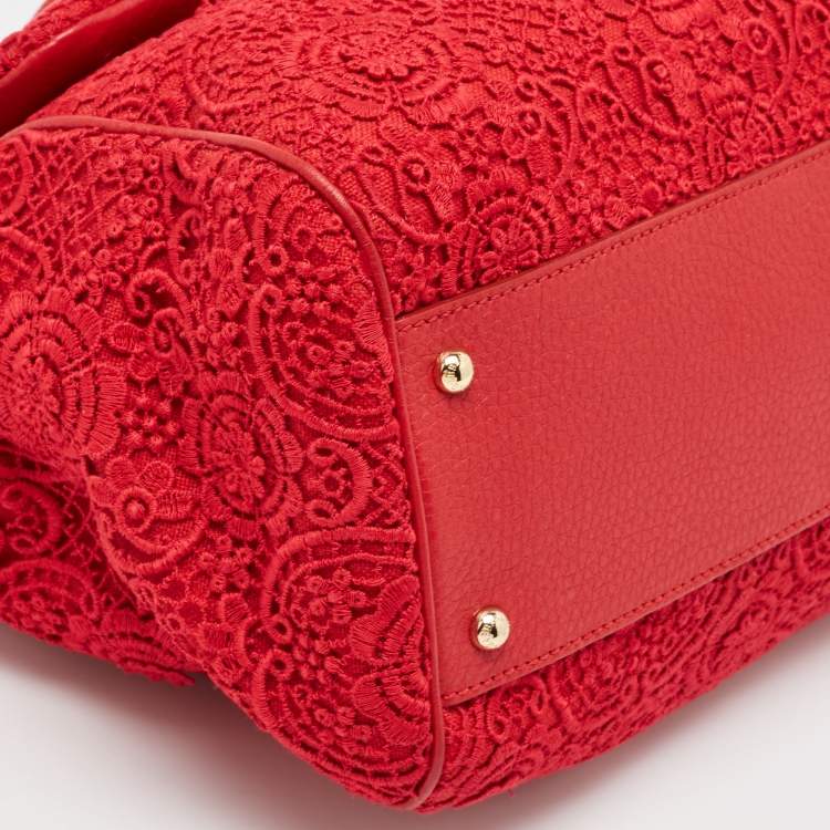 Pre Owned Dolce & Gabbana Red Lace and Leather Large Miss Sicily Top Handle Bag