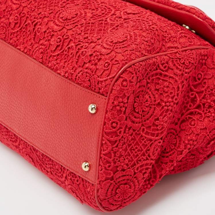 Pre Owned Dolce & Gabbana Red Lace and Leather Large Miss Sicily Top Handle Bag