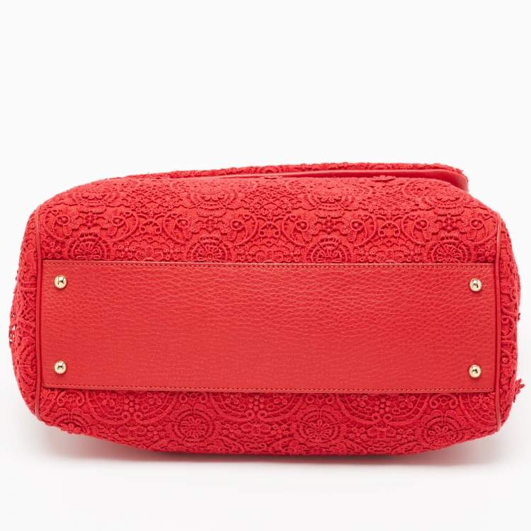 Pre Owned Dolce & Gabbana Red Lace and Leather Large Miss Sicily Top Handle Bag