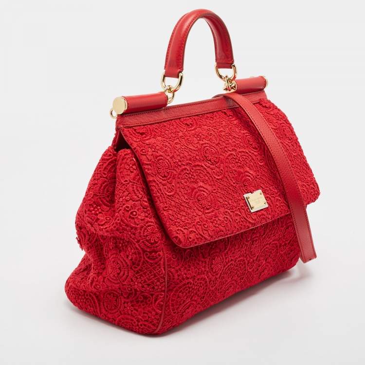 Pre Owned Dolce & Gabbana Red Lace and Leather Large Miss Sicily Top Handle Bag