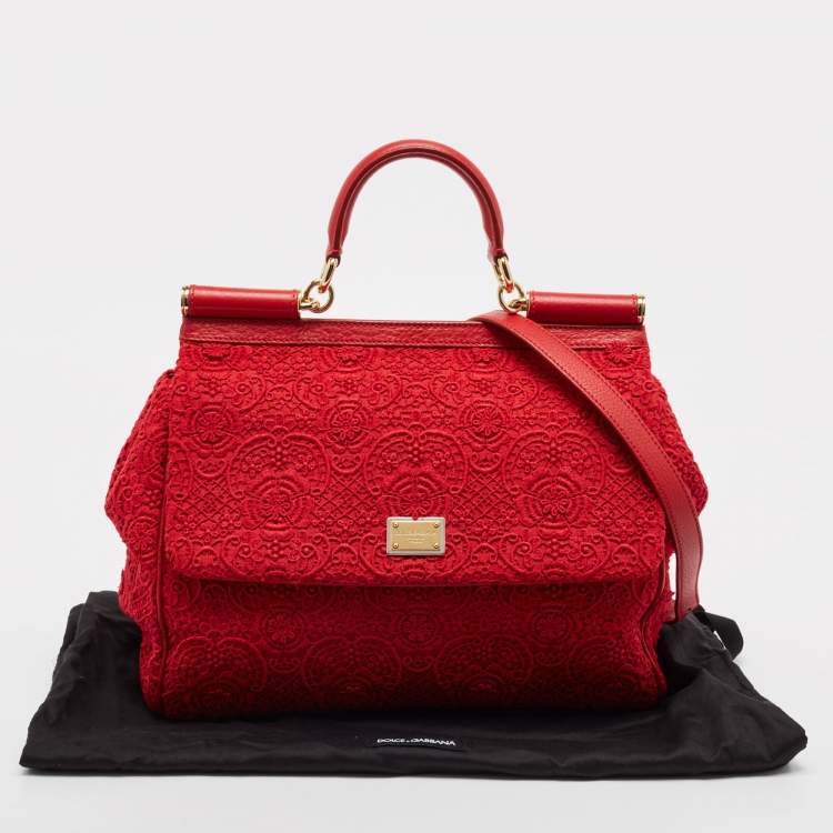 Pre Owned Dolce & Gabbana Red Lace and Leather Large Miss Sicily Top Handle Bag