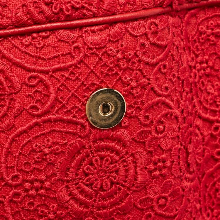 Pre Owned Dolce & Gabbana Red Lace and Leather Large Miss Sicily Top Handle Bag