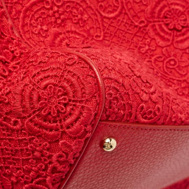 Pre Owned Dolce & Gabbana Red Lace and Leather Large Miss Sicily Top Handle Bag