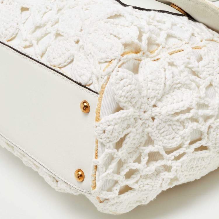 Pre Owned Dolce & Gabbana White Crochet and Leather Large Miss Sicily Top Handle Bag
