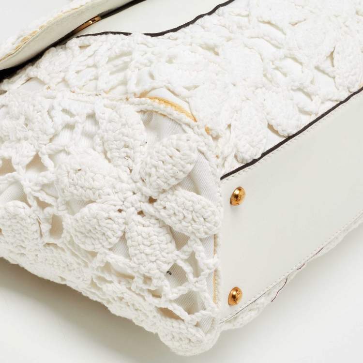 Pre Owned Dolce & Gabbana White Crochet and Leather Large Miss Sicily Top Handle Bag