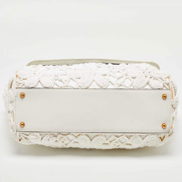 Pre Owned Dolce & Gabbana White Crochet and Leather Large Miss Sicily Top Handle Bag