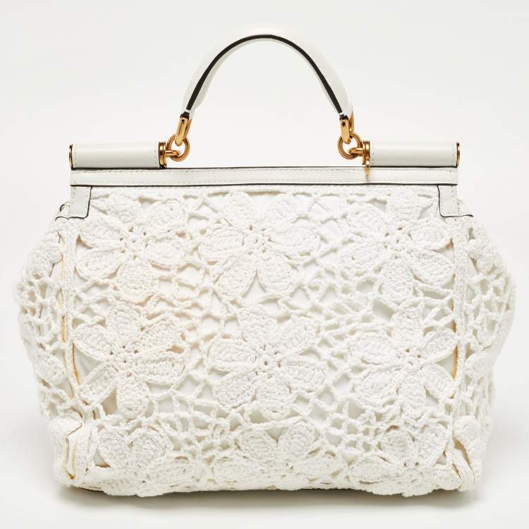 Pre Owned Dolce & Gabbana White Crochet and Leather Large Miss Sicily Top Handle Bag