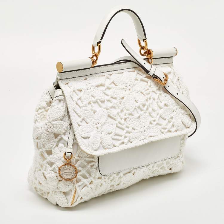 Pre Owned Dolce & Gabbana White Crochet and Leather Large Miss Sicily Top Handle Bag