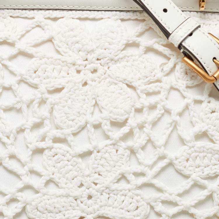Pre Owned Dolce & Gabbana White Crochet and Leather Large Miss Sicily Top Handle Bag