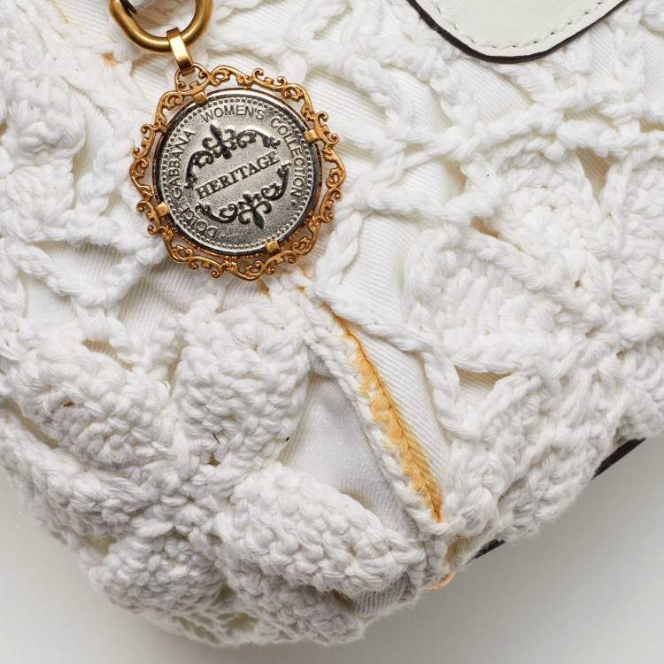 Pre Owned Dolce & Gabbana White Crochet and Leather Large Miss Sicily Top Handle Bag