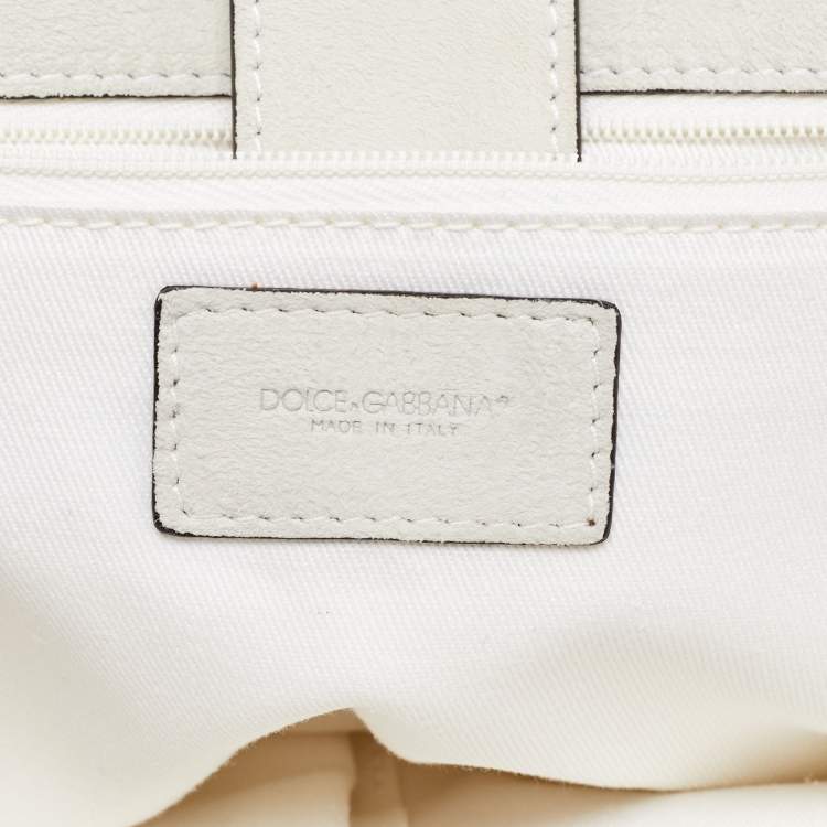 Pre Owned Dolce & Gabbana White Crochet and Leather Large Miss Sicily Top Handle Bag