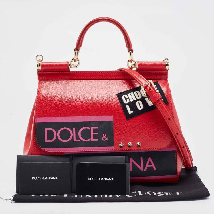Pre Owned Dolce & Gabbana Red Leather Medium Miss Sicily Choose Love Top Handle Bag