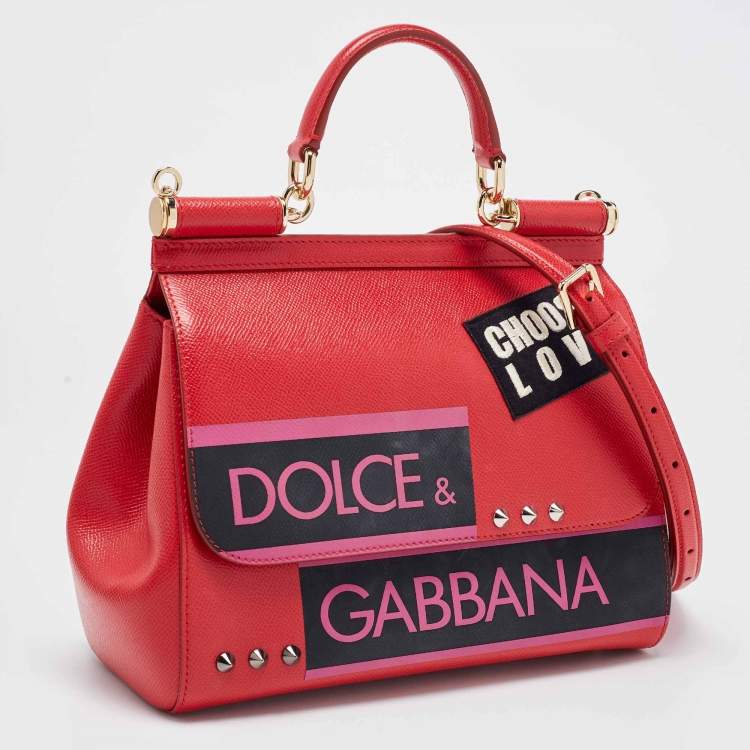 Pre Owned Dolce & Gabbana Red Leather Medium Miss Sicily Choose Love Top Handle Bag