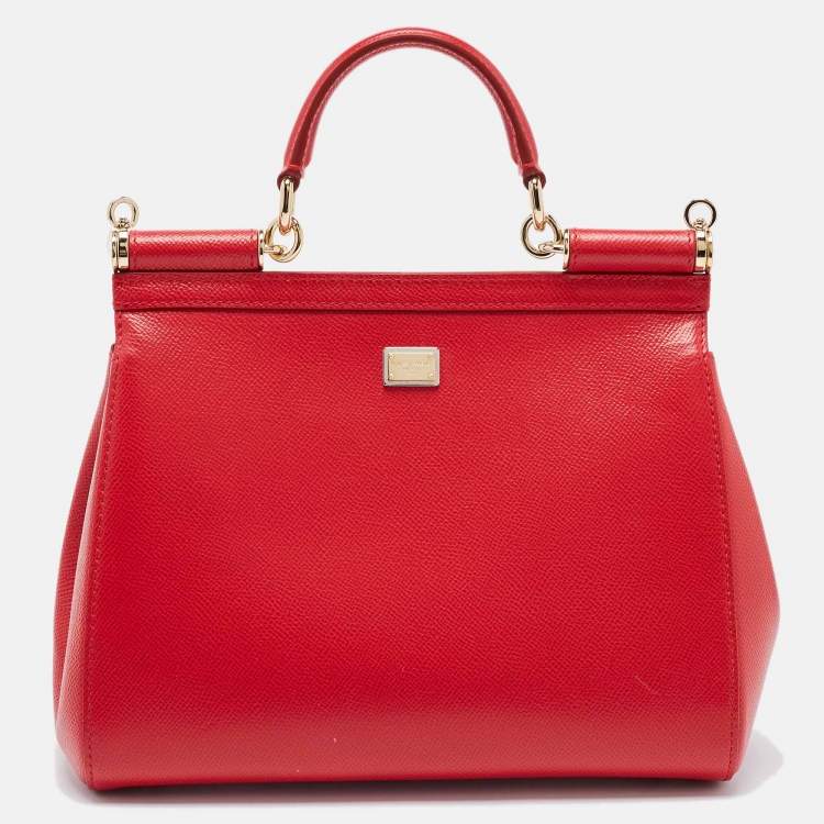 Pre Owned Dolce & Gabbana Red Leather Medium Miss Sicily Choose Love Top Handle Bag