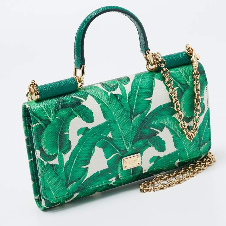 Pre Owned Dolce & Gabbana Green/White Printed Leather Miss Sicily Von Wallet on Chain