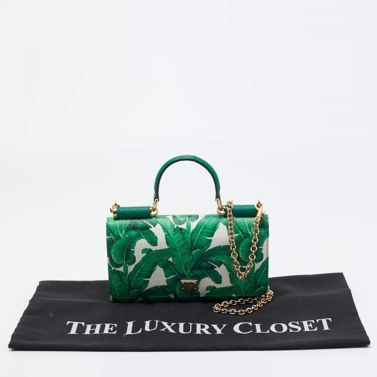 Pre Owned Dolce & Gabbana Green/White Printed Leather Miss Sicily Von Wallet on Chain
