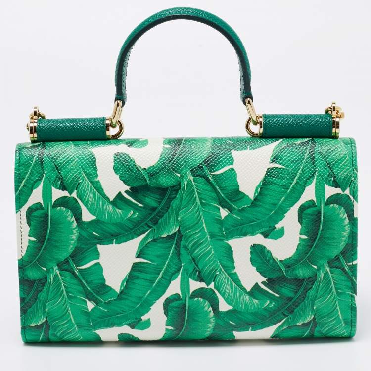 Pre Owned Dolce & Gabbana Green/White Printed Leather Miss Sicily Von Wallet on Chain