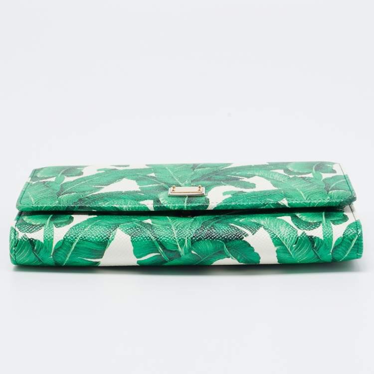 Pre Owned Dolce & Gabbana Green/White Printed Leather Miss Sicily Von Wallet on Chain