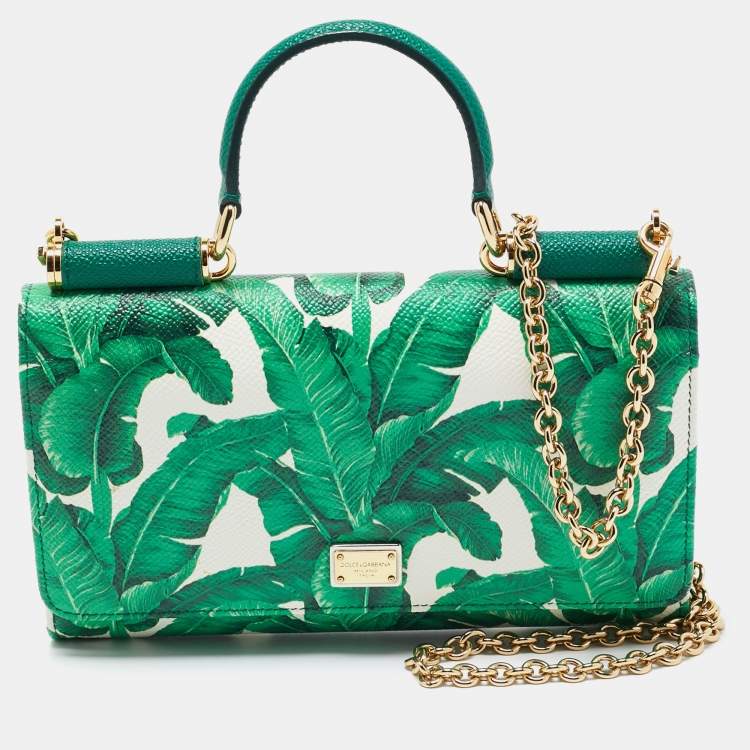 Pre Owned Dolce & Gabbana Green/White Printed Leather Miss Sicily Von Wallet on Chain