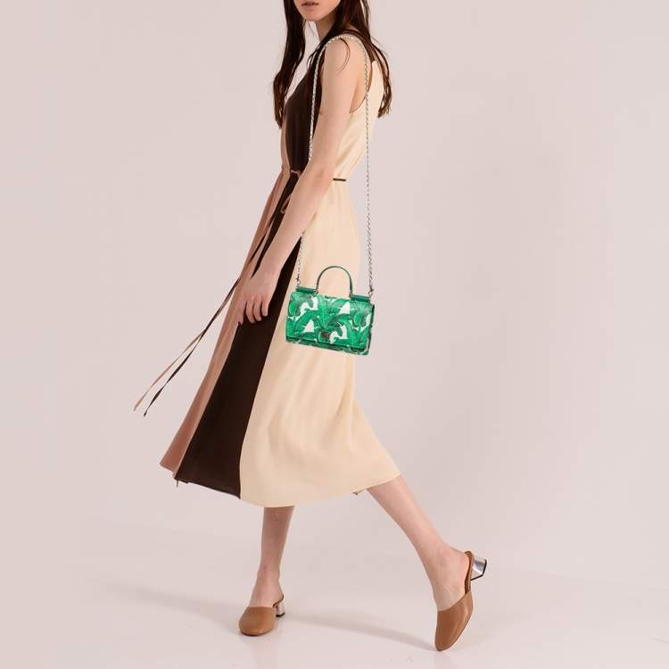 Pre Owned Dolce & Gabbana Green/White Printed Leather Miss Sicily Von Wallet on Chain