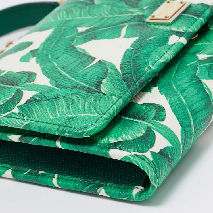 Pre Owned Dolce & Gabbana Green/White Printed Leather Miss Sicily Von Wallet on Chain