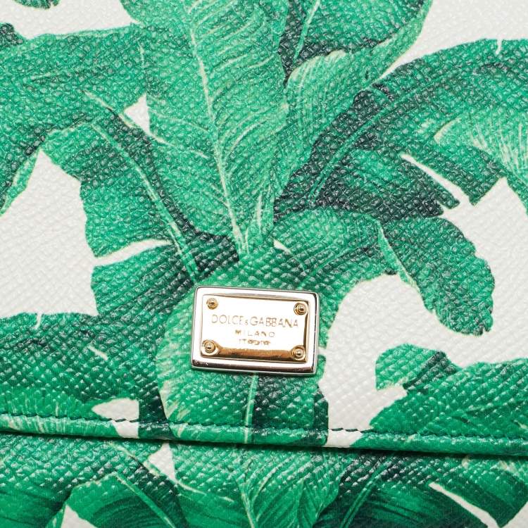 Pre Owned Dolce & Gabbana Green/White Printed Leather Miss Sicily Von Wallet on Chain