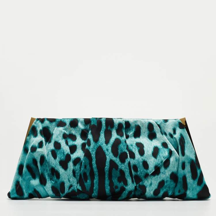 Pre Owned Dolce & Gabbana Black/Green Leopard Print Satin Miss Lady Clutch