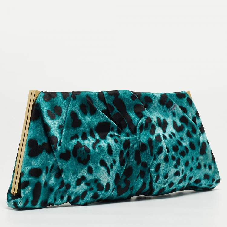 Pre Owned Dolce & Gabbana Black/Green Leopard Print Satin Miss Lady Clutch