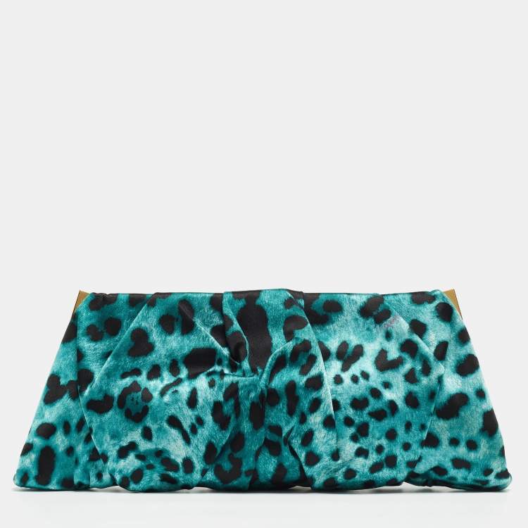 Pre Owned Dolce & Gabbana Black/Green Leopard Print Satin Miss Lady Clutch