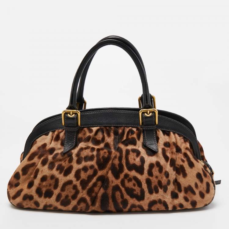 Pre Owned Dolce & Gabbana Black/Brown Leopard Print Calf Hair Frame Satchel