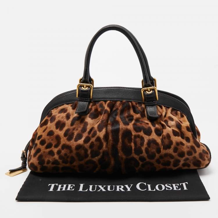 Pre Owned Dolce & Gabbana Black/Brown Leopard Print Calf Hair Frame Satchel