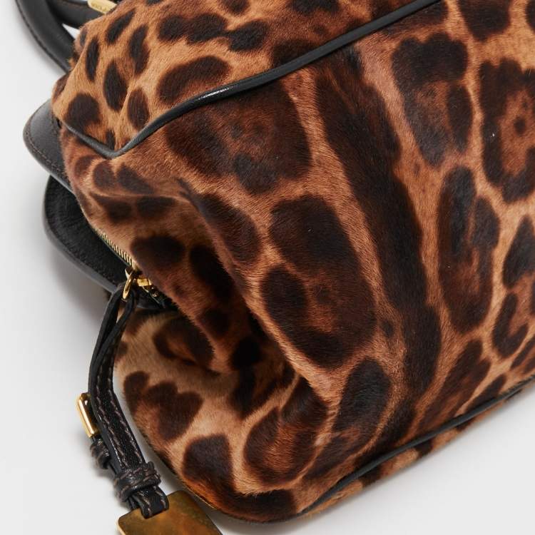 Pre Owned Dolce & Gabbana Black/Brown Leopard Print Calf Hair Frame Satchel