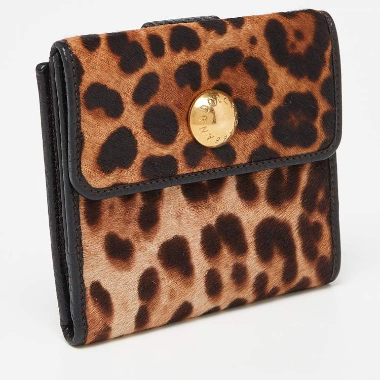 Pre Owned Dolce & Gabbana Brown Leopard Print Calfhair and Leather French Wallet