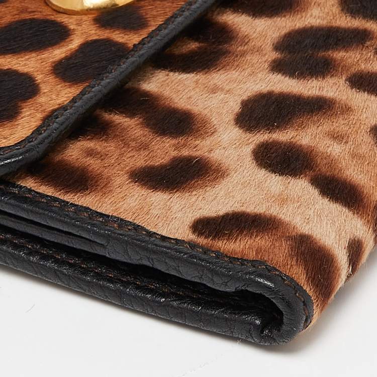 Pre Owned Dolce & Gabbana Brown Leopard Print Calfhair and Leather French Wallet