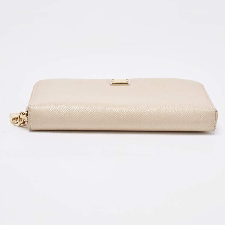 Pre Owned Dolce & Gabbana Beige Leather Lock Zip Around Continental Wallet