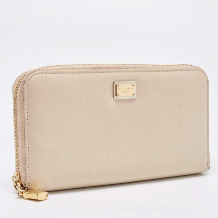 Pre Owned Dolce & Gabbana Beige Leather Lock Zip Around Continental Wallet