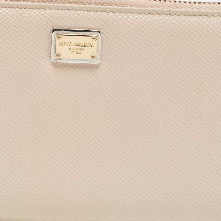 Pre Owned Dolce & Gabbana Beige Leather Lock Zip Around Continental Wallet