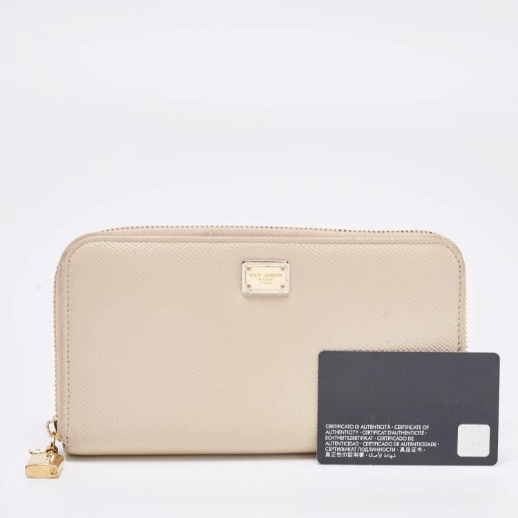 Pre Owned Dolce & Gabbana Beige Leather Lock Zip Around Continental Wallet