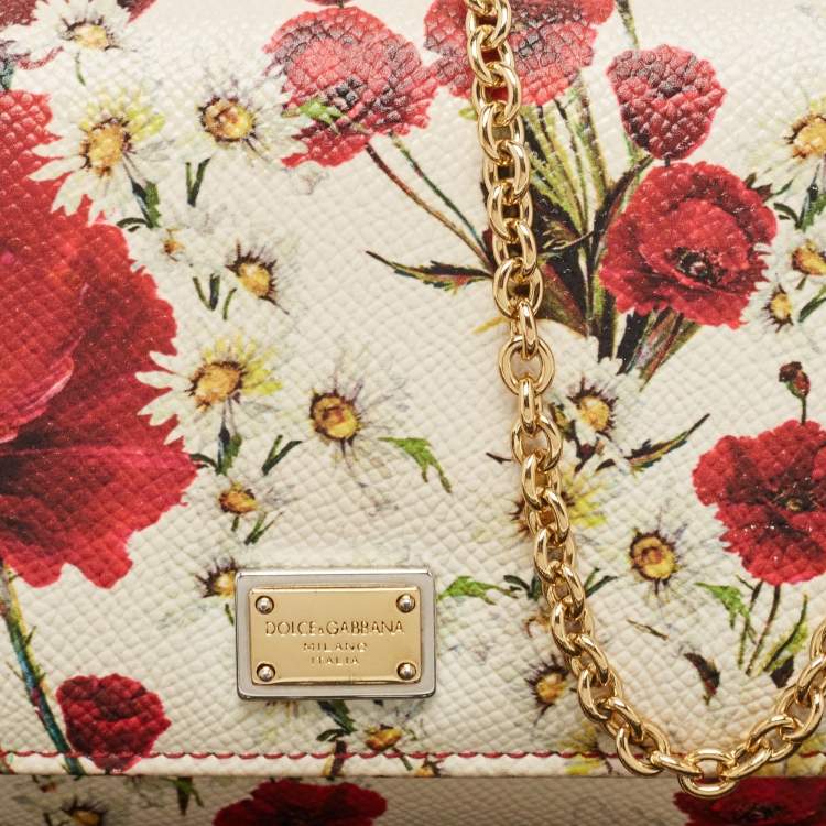 Pre Owned Dolce & Gabbana Multicolor Floral Print Leather Trifold Wallet on Chain