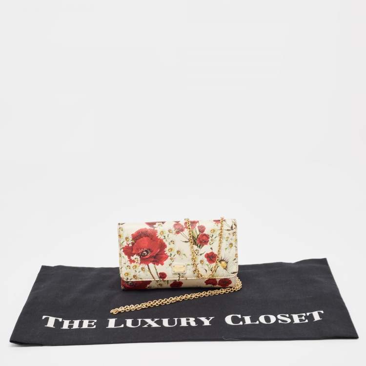 Pre Owned Dolce & Gabbana Multicolor Floral Print Leather Trifold Wallet on Chain