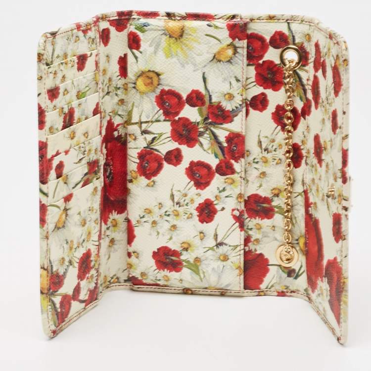 Pre Owned Dolce & Gabbana Multicolor Floral Print Leather Trifold Wallet on Chain