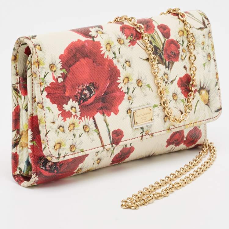 Pre Owned Dolce & Gabbana Multicolor Floral Print Leather Trifold Wallet on Chain