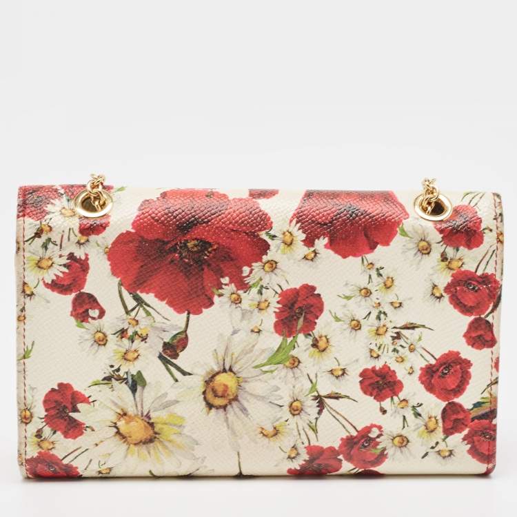 Pre Owned Dolce & Gabbana Multicolor Floral Print Leather Trifold Wallet on Chain